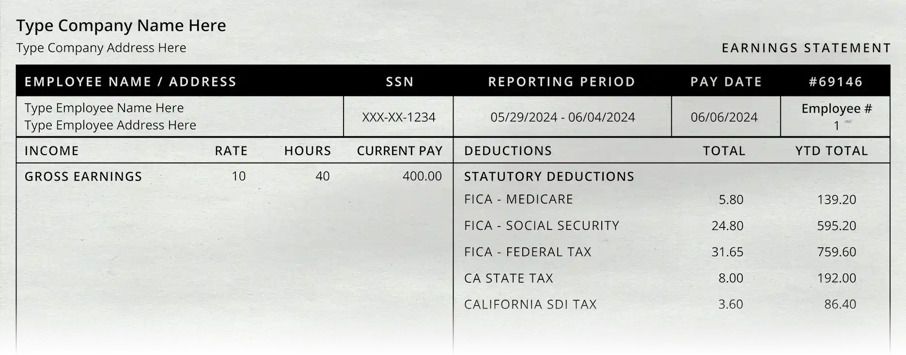 Classic pay stub template — clean and simple